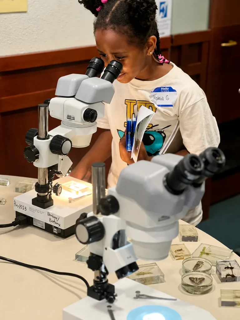 An IT Girls participant using a microscope during a science session